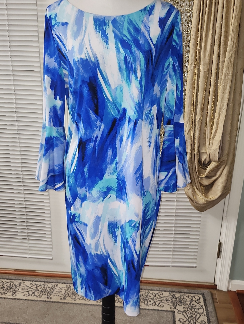Calvin Klein Blue Abstract Brushstroke Long Sleeve Dress